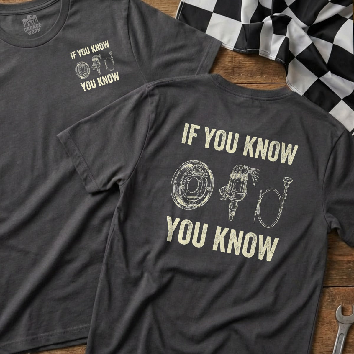 T-shirt with "IF YOU KNOW YOU KNOW" and automotive parts illustration.