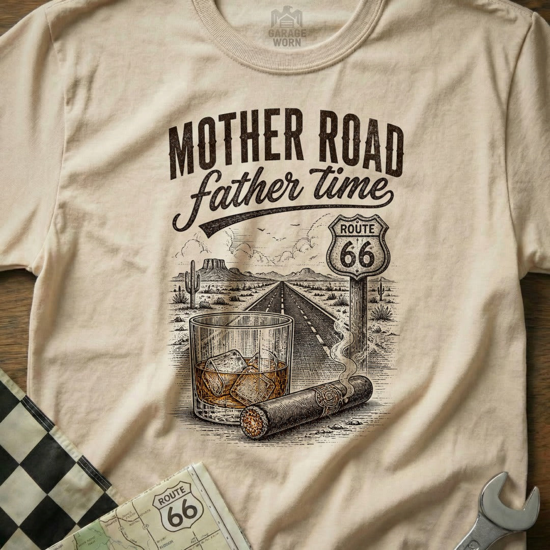 T-shirt graphic with "MOTHER ROAD father time" text, Route 66 sign, desert highway, whiskey, and cigar.