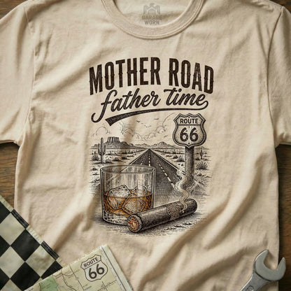 T-shirt graphic with "MOTHER ROAD father time" text, Route 66 sign, desert highway, whiskey, and cigar.