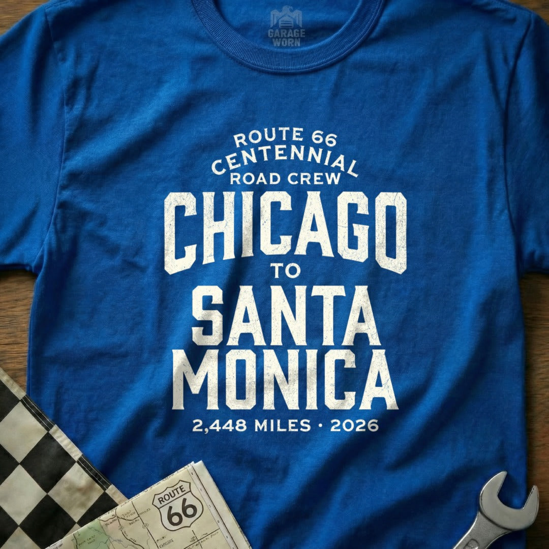 Blue t-shirt with Route 66 Chicago to Santa Monica text and mileage.