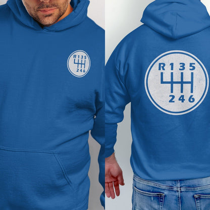 Blue hoodie with circular R135 246 gear shift pattern on front and back.