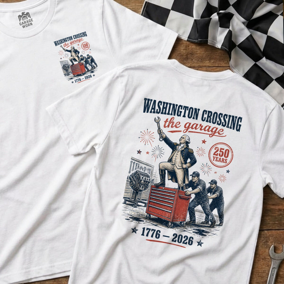 White t-shirt with Washington Crossing the Garage graphic, 1776-2026.