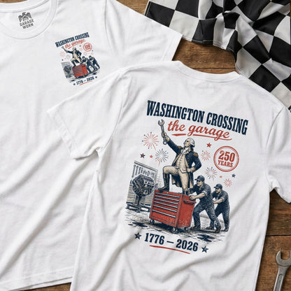 White t-shirt with Washington Crossing the Garage graphic, 1776-2026.