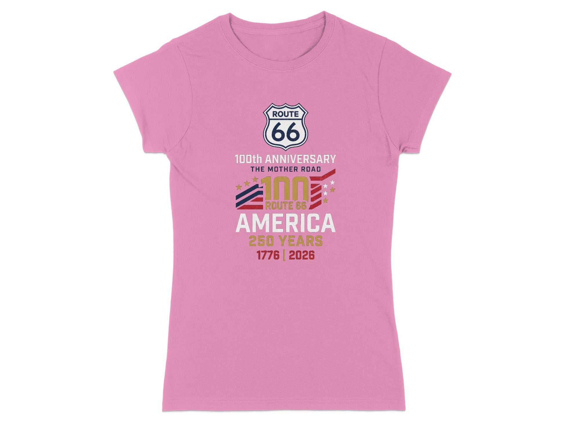 Pink t-shirt with Route 66 100th Anniversary graphics.