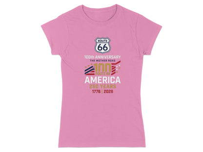 Pink t-shirt with Route 66 100th Anniversary graphics.