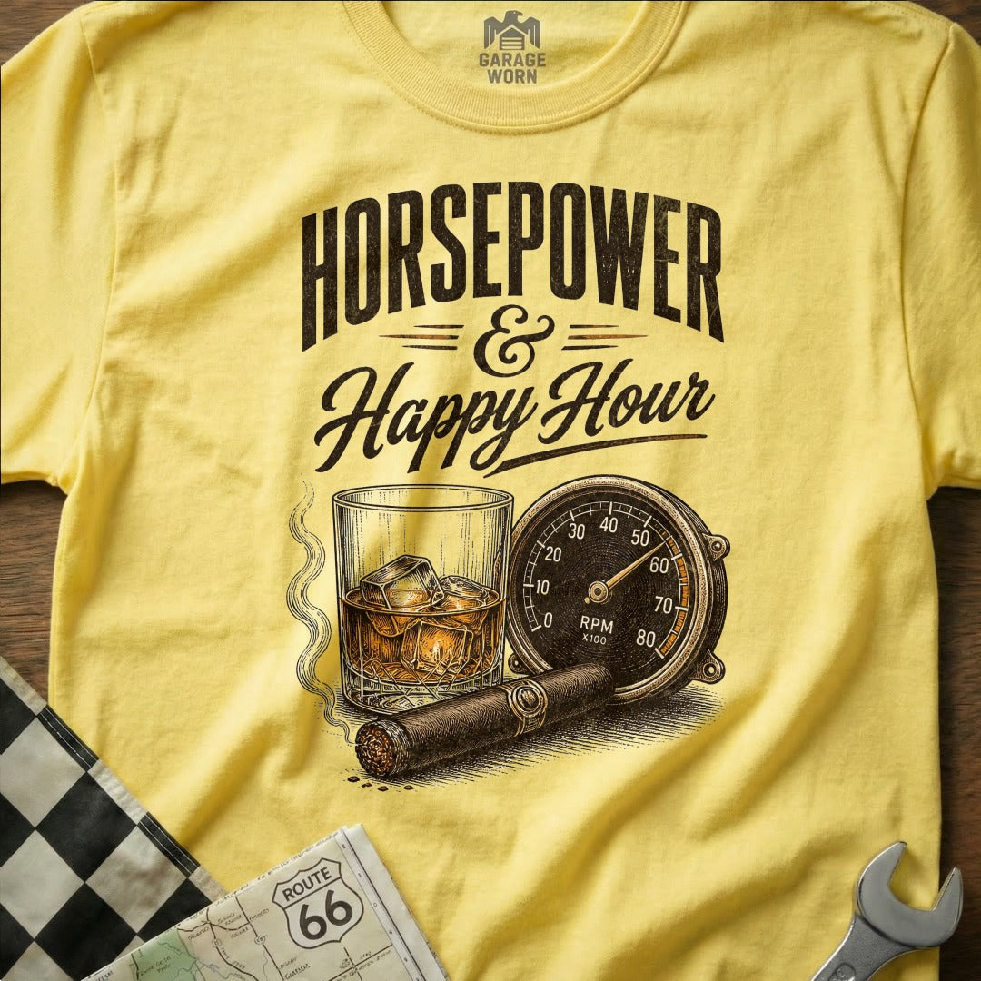 Yellow t-shirt with "Horsepower & Happy Hour" text, whiskey, cigar, speedometer, and Route 66 map.