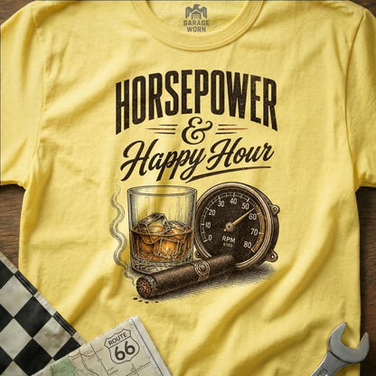 Yellow t-shirt with "Horsepower & Happy Hour" text, whiskey, cigar, speedometer, and Route 66 map.