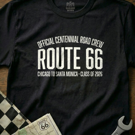 Black t-shirt with "Route 66 Centennial Road Crew Chicago to Santa Monica" text.