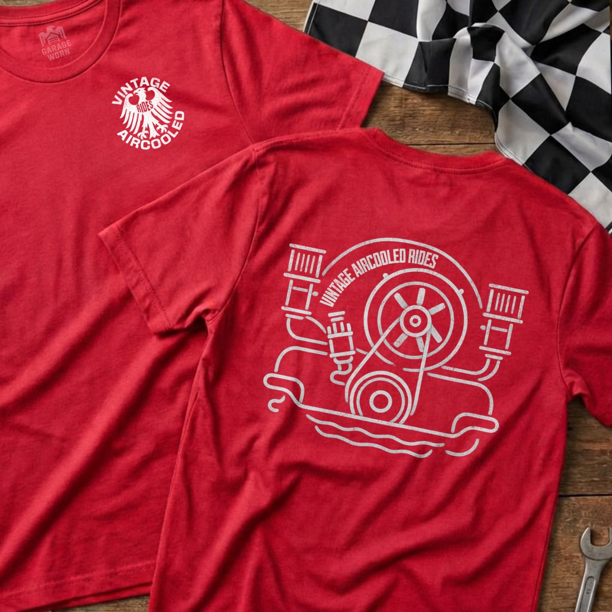 Red t-shirt with white graphic of vintage air-cooled engine on back.