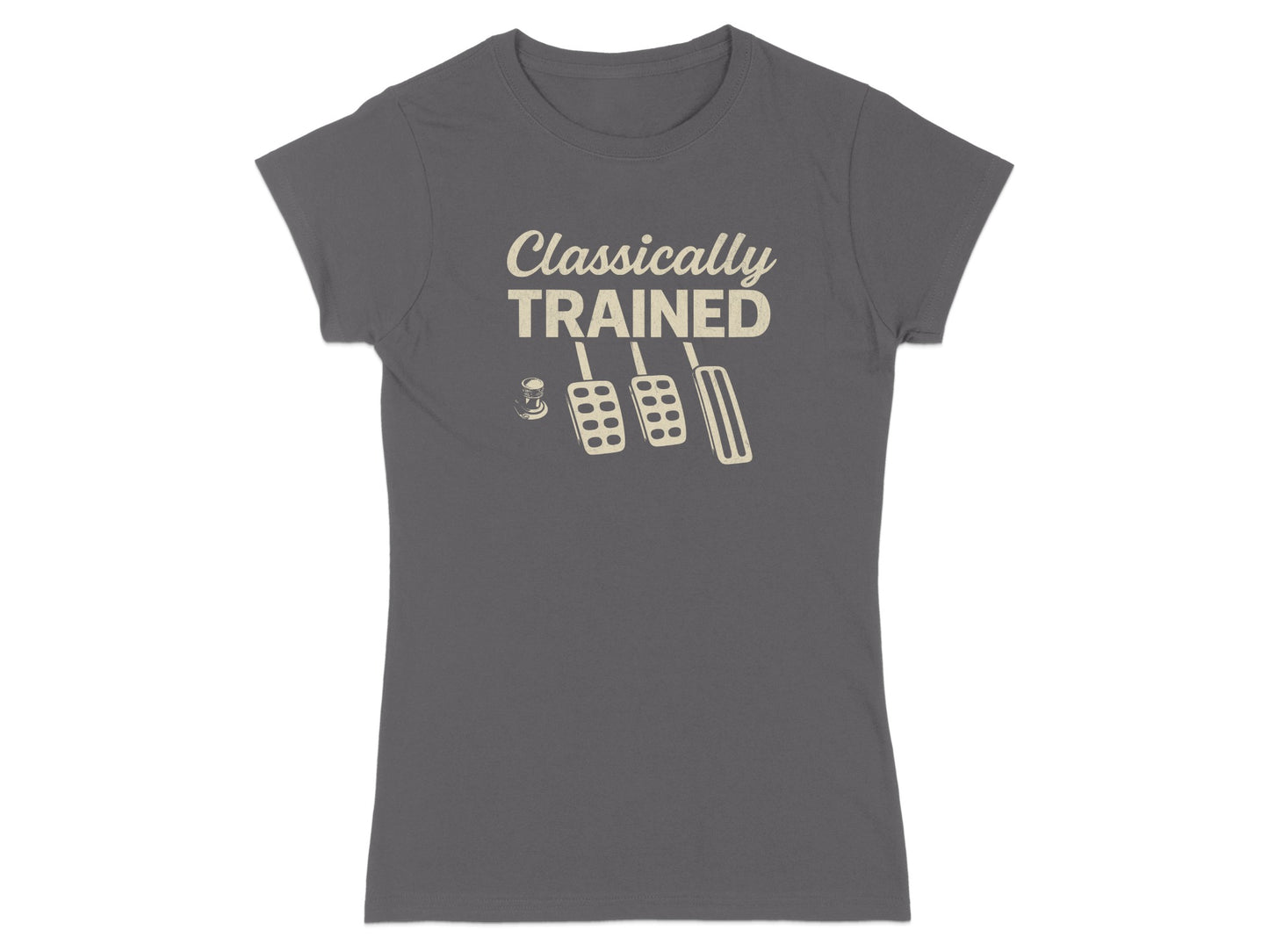 T-shirt with "Classically Trained" text and clutch, brake, accelerator pedal graphic.