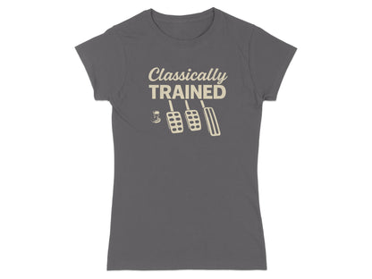 T-shirt with "Classically Trained" text and clutch, brake, accelerator pedal graphic.