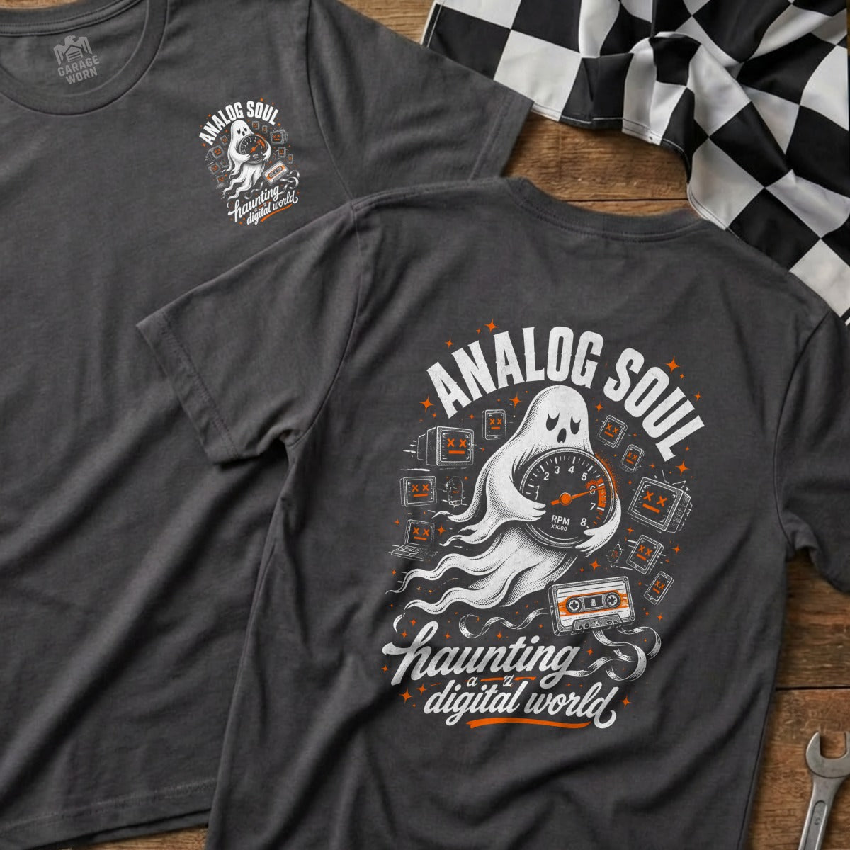 Dark grey t-shirt with a ghost holding a speedometer and cassette tape, "Analog Soul" text.