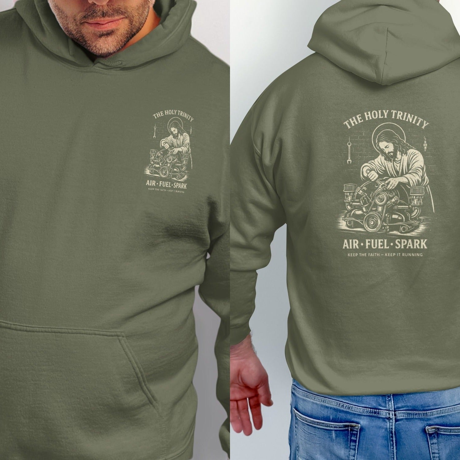 Green hoodie with "The Holy Trinity Air Fuel Spark" graphic featuring Jesus working on an engine.