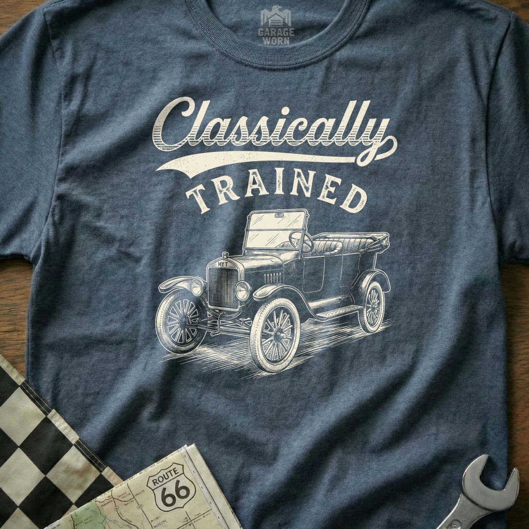 T-shirt with "Classically TRAINED" text above a vintage convertible car illustration.