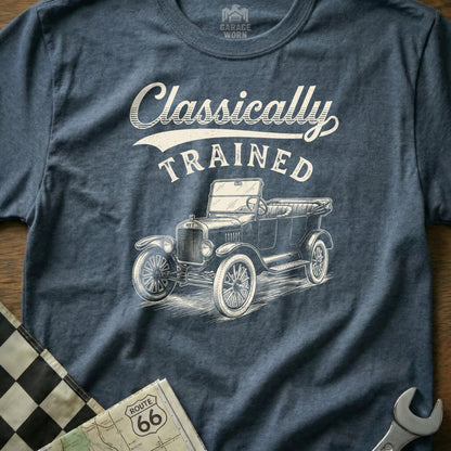 T-shirt with "Classically TRAINED" text above a vintage convertible car illustration.