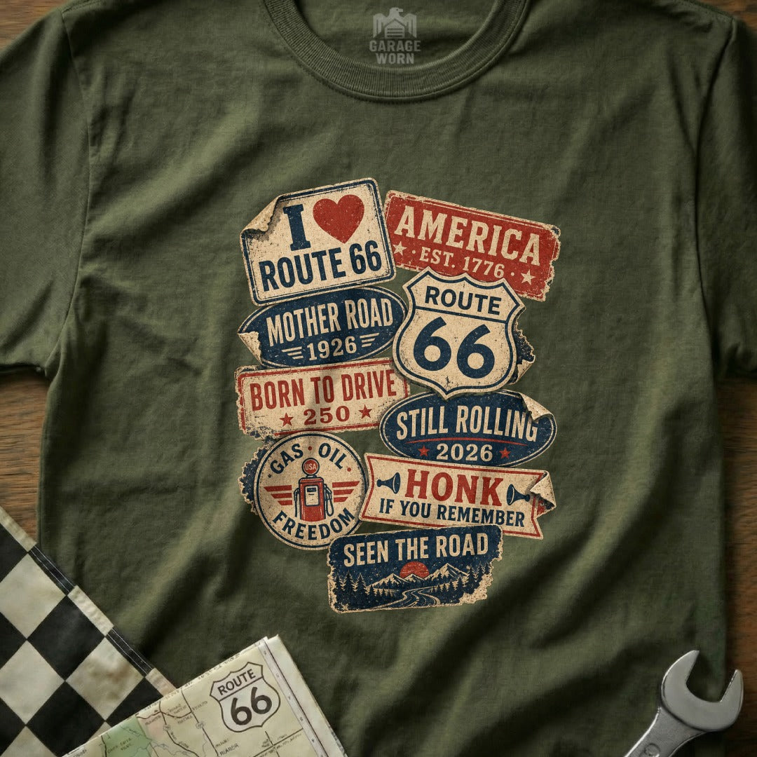 Olive green t-shirt with Route 66 vintage travel signs graphic.