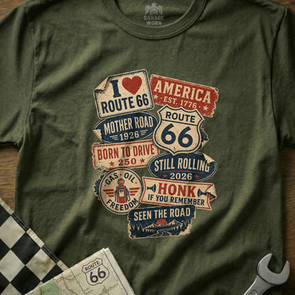 Olive green t-shirt with Route 66 vintage travel signs graphic.