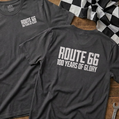 Dark grey t-shirts with "Route 66 100 Years of Glory" text.