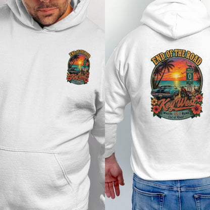 White hoodie with a circular Key West sunset graphic on the back and chest.