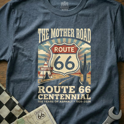 Route 66 Centennial t-shirt featuring a motel, cactus, and road sign.