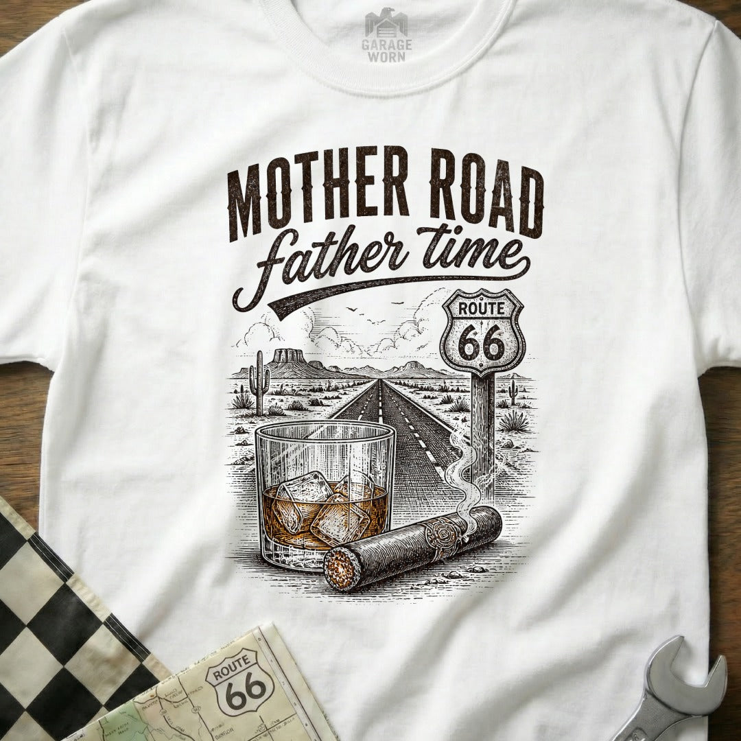 White t-shirt with "Mother Road father time" and Route 66 desert graphic.