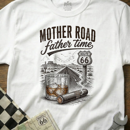 White t-shirt with "Mother Road father time" and Route 66 desert graphic.