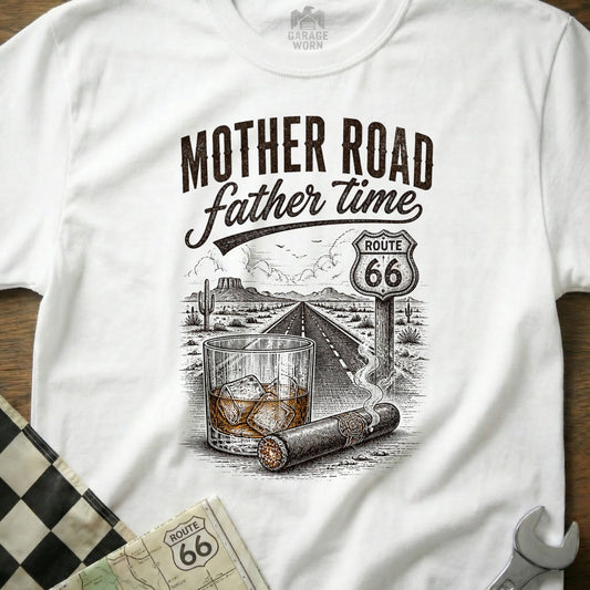 White t-shirt with "Mother Road father time" and Route 66 desert graphic.