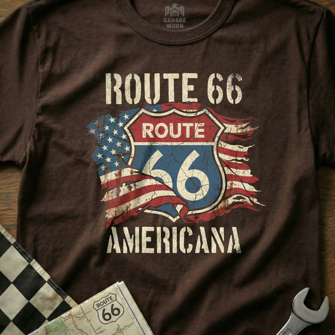 Brown t-shirt with Route 66 Americana shield logo and distressed US flag.