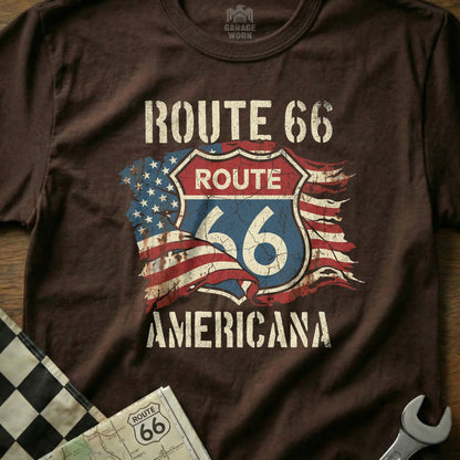 Brown t-shirt with Route 66 Americana shield logo and distressed US flag.