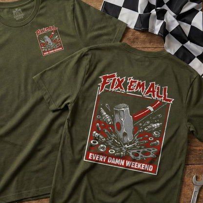 Olive green t-shirt with "Fix Em All" graphic and checkered flag detail.