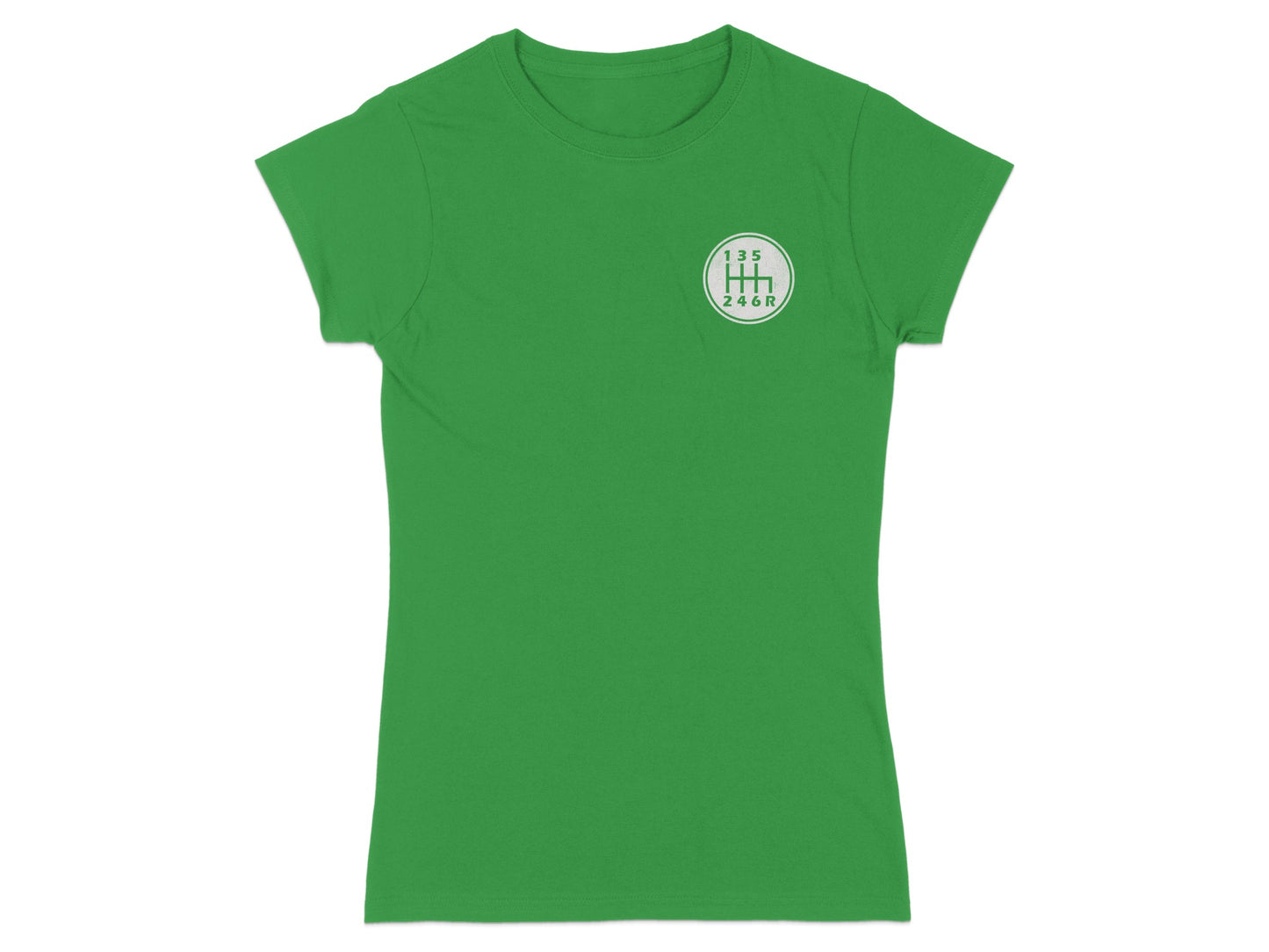 Green t-shirt with a circular manual transmission shift pattern graphic.