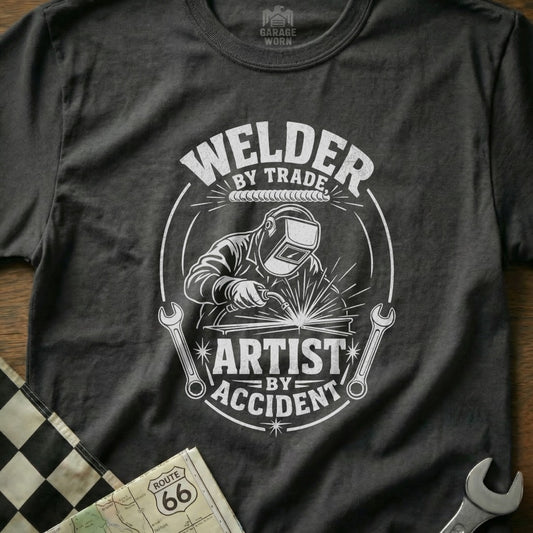 Dark grey t-shirt with "Welder by Trade, Artist by Accident" graphic.