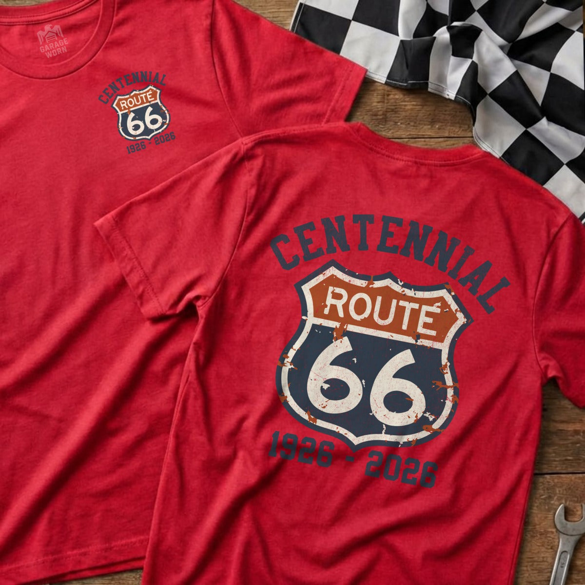 Red t-shirt with Route 66 Centennial logo on front and back.