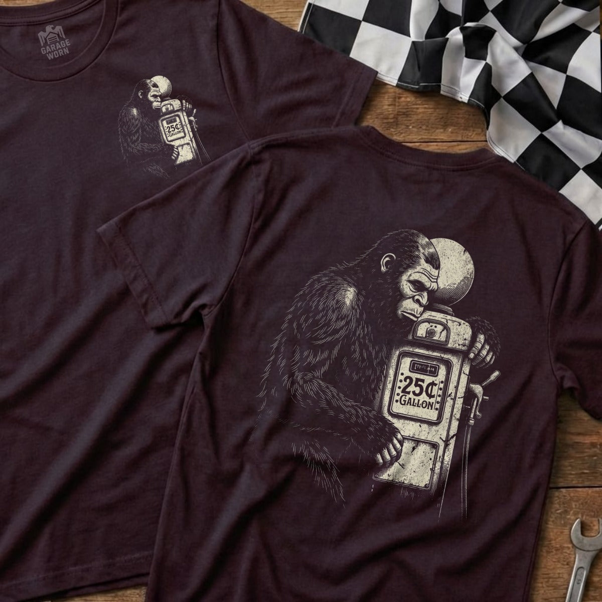 T-shirt with graphic of gorilla at vintage gas pump, "25¢ GALLON" text.