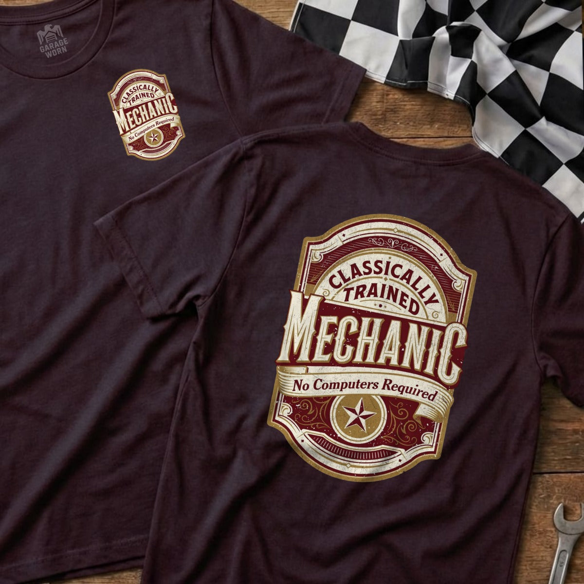Maroon t-shirt with "Mechanic" and "No Computers Required" text in a vintage badge design.