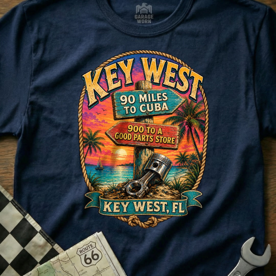 Key West Florida t-shirt design with directional signs and piston.