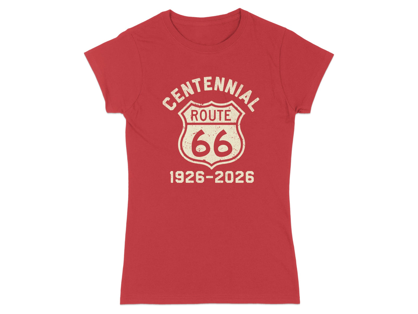 Red t-shirt with "Centennial Route 66 1926-2026" in a shield emblem.