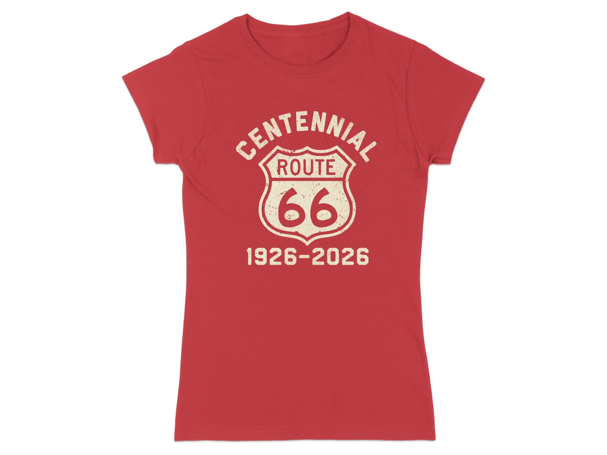 Red t-shirt with "Centennial Route 66 1926-2026" in a shield emblem.