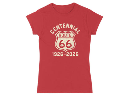 Red t-shirt with "Centennial Route 66 1926-2026" in a shield emblem.