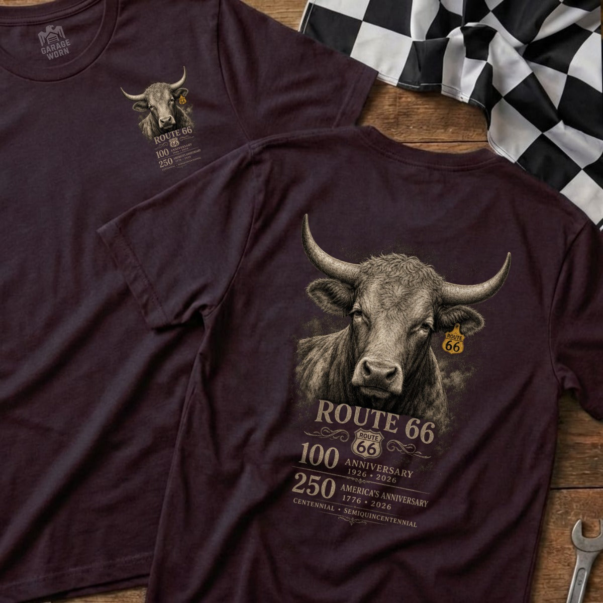 Dark t-shirt with a bull graphic and Route 66 anniversary text.