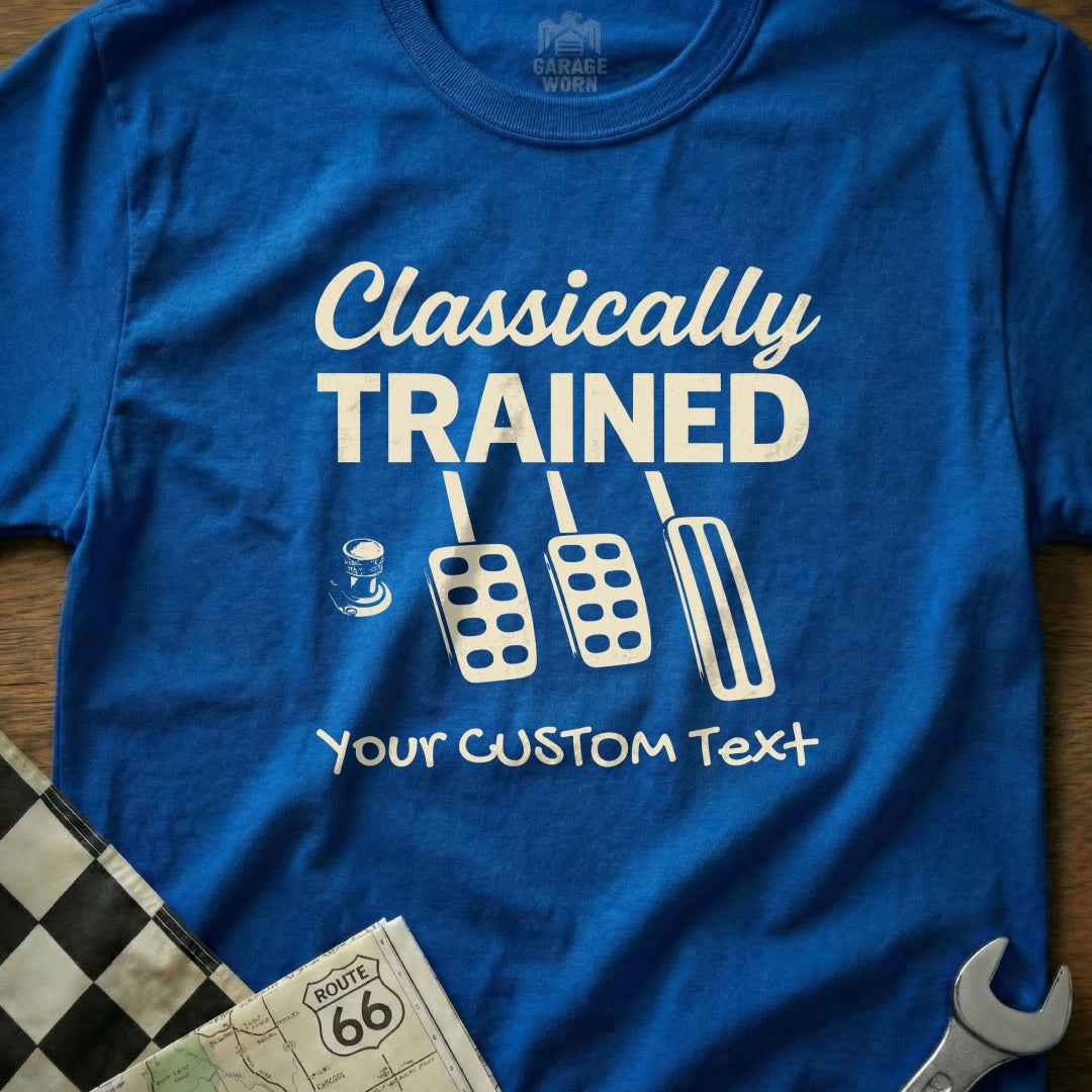 Blue t-shirt with "Classically Trained" and three pedals graphic.