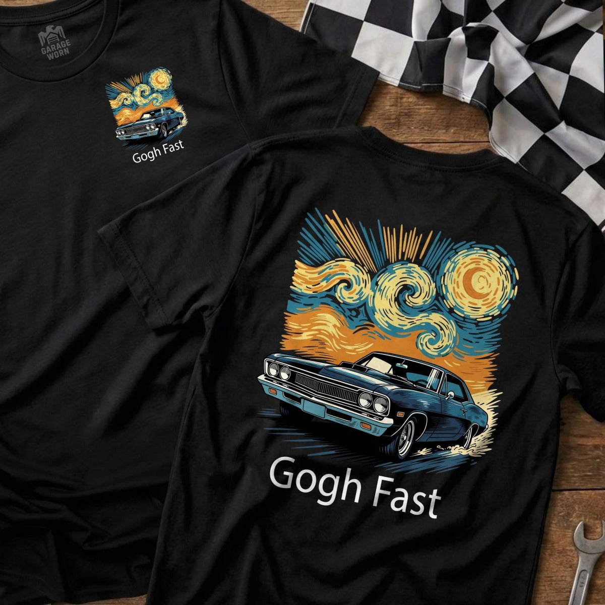 Black t-shirt featuring a blue car driving through a starry Van Gogh-inspired landscape.