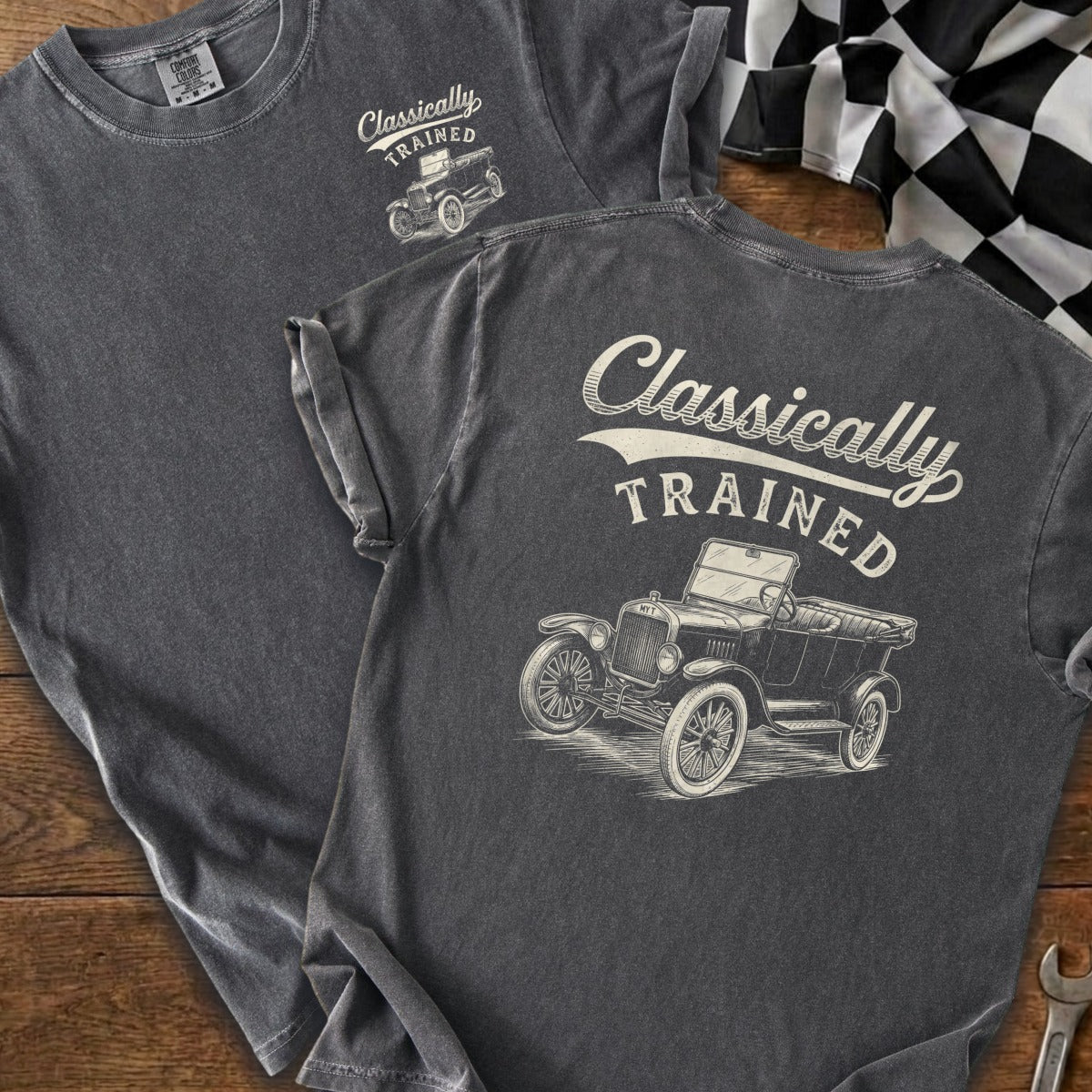 Dark grey t-shirt with "Classically TRAINED" text and vintage car graphic.