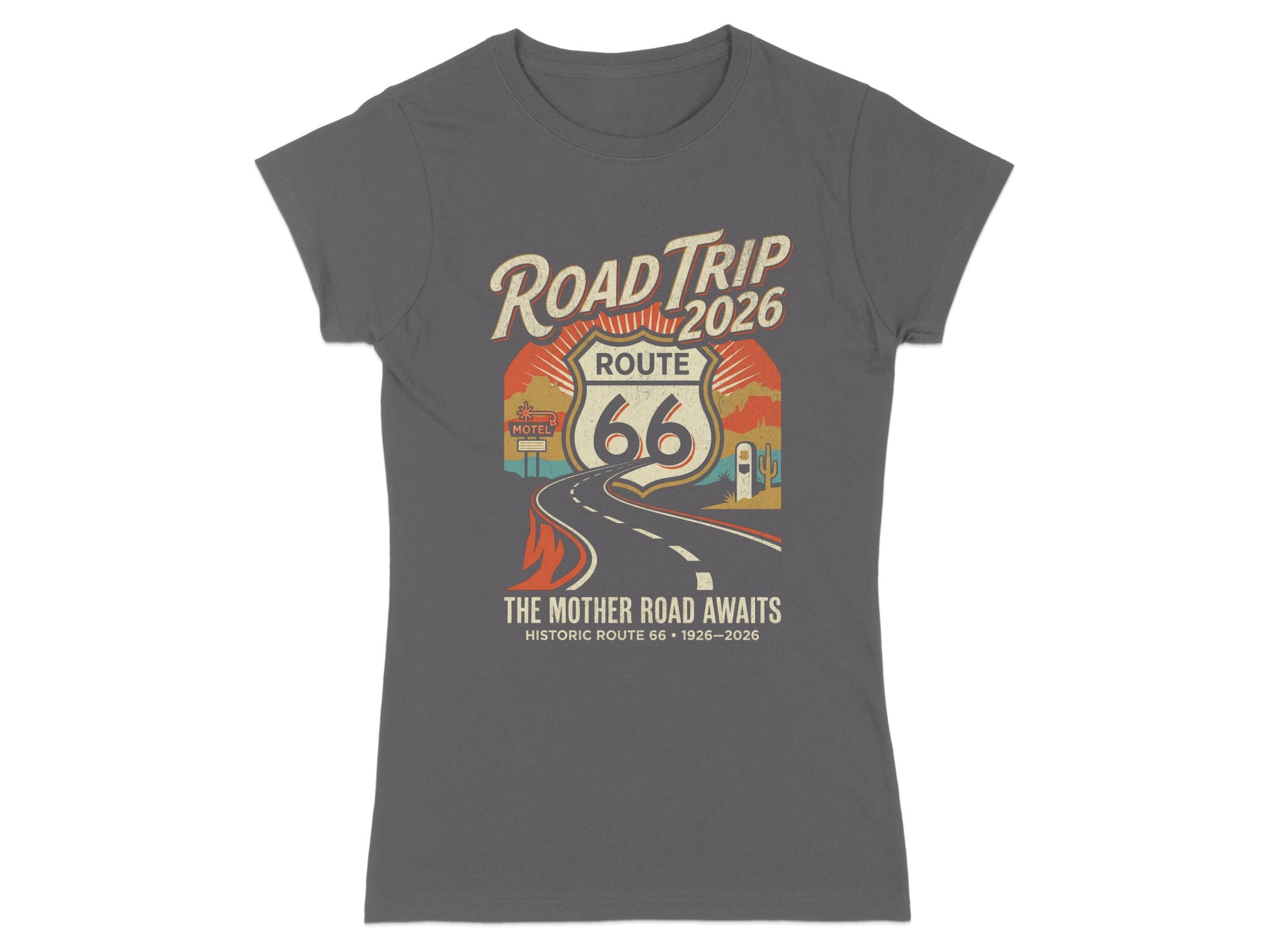 T-shirt with Route 66 graphic and text "The Mother Road Awaits".