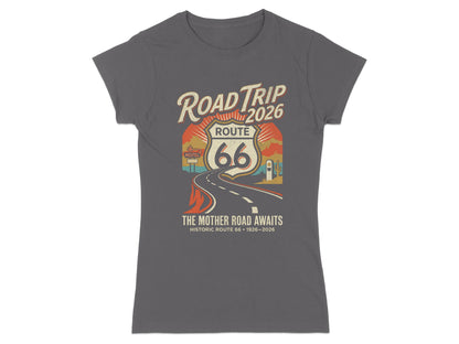 T-shirt with Route 66 graphic and text "The Mother Road Awaits".