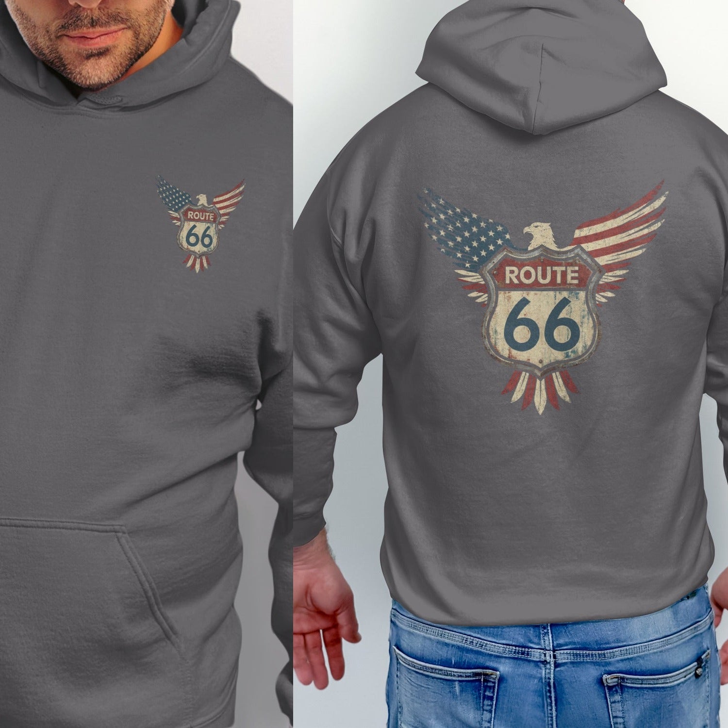 Gray hoodie with Route 66 distressed eagle logo on front and back.