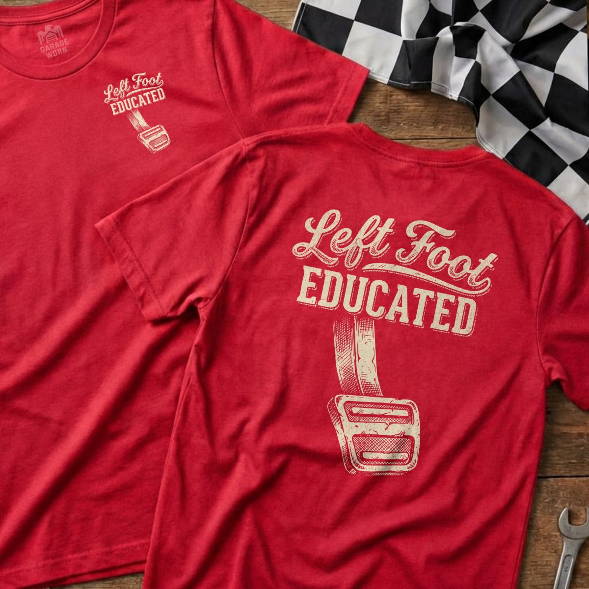 Red t-shirt with "Left Foot Educated" and a gas pedal graphic.