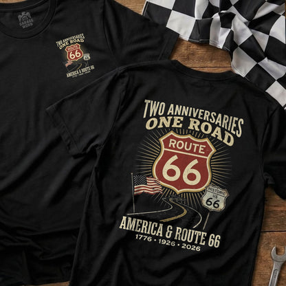 Black t-shirts with "Route 66" graphic and anniversary dates.