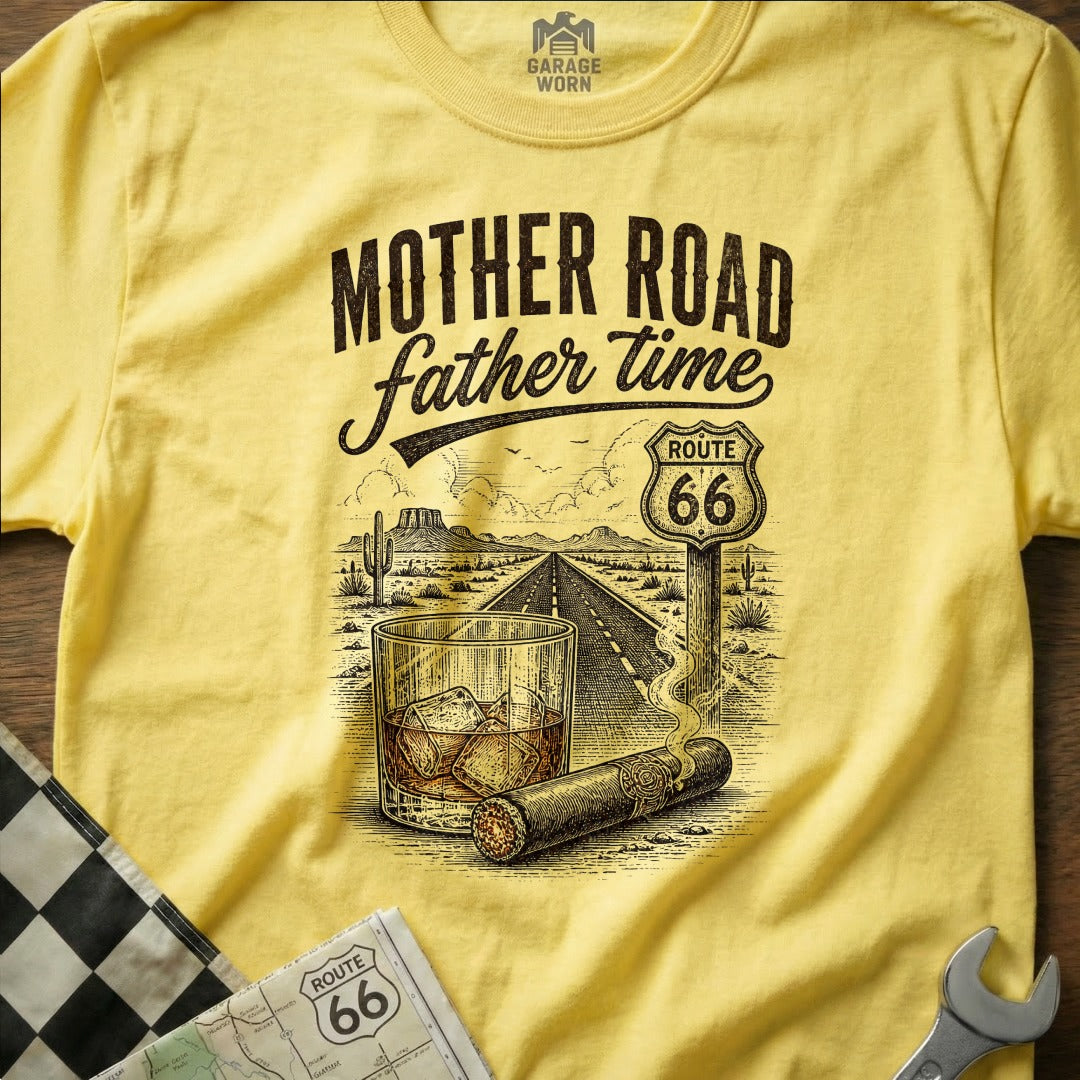 Yellow t-shirt with "MOTHER ROAD father time" text and Route 66 desert scene.