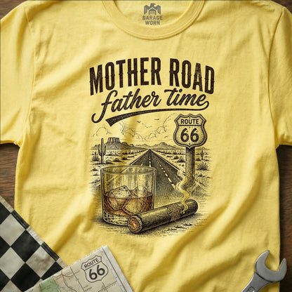 Yellow t-shirt with "MOTHER ROAD father time" text and Route 66 desert scene.